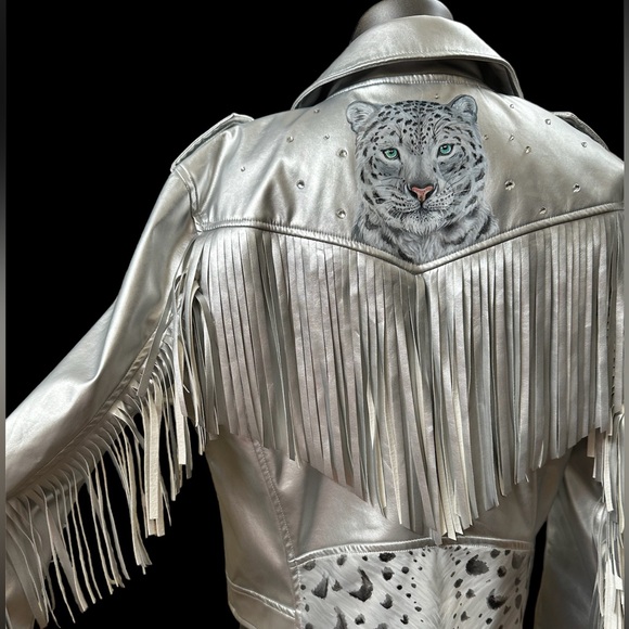 Buddy Love Jackets & Blazers - Buddy Love sz MD handpainted Leopard faux leather silver fringe jacket NWT